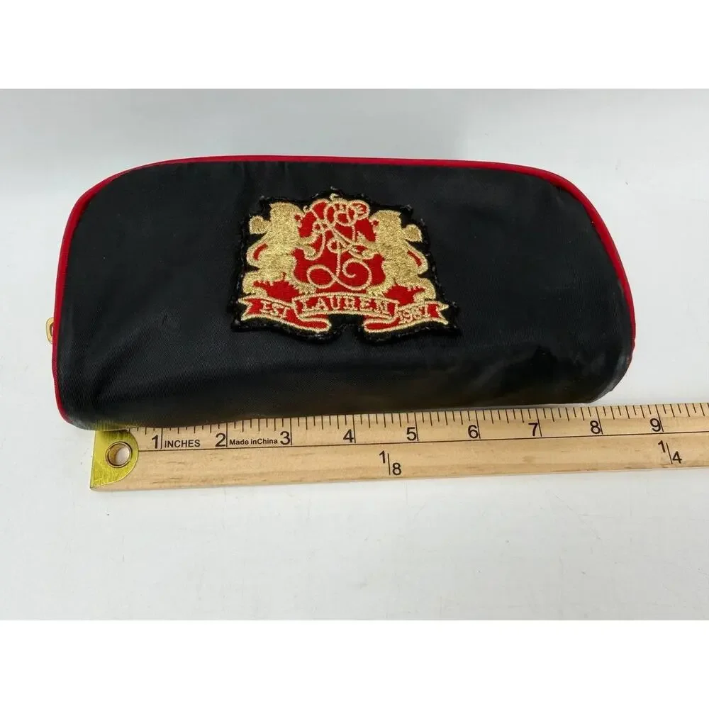 Lauren Ralph Lauren Black Red Gold Crest Zip Makeup Cosmetic Travel Bag Pouch